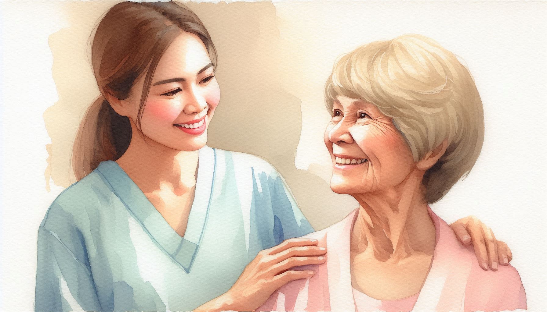 A soft watercolor painting depicting a Filipino caregiver and a Caucasian blonde patient. Both individuals should be shown smiling warmly, with a subtle, nuanced color change using the impasto technique with gouache paint. The painting should have a light wash with minor texture from the watercolor paper and a soft, pastel-cream background.