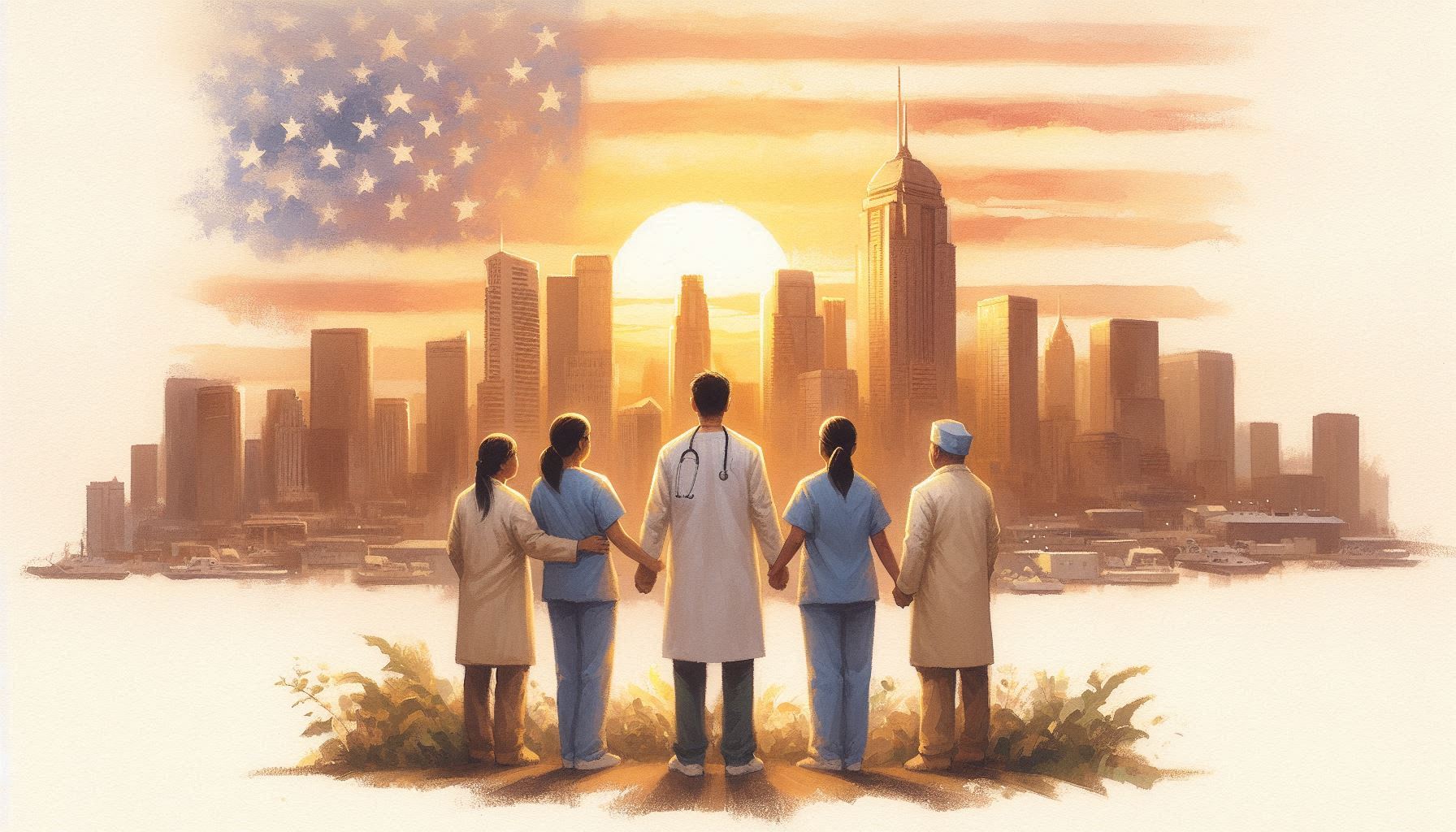 Filipino health professionals are standing in front of a US cityscape, with the sun setting behind them. The warm, golden light of the sunset casts a beautiful glow over the scene, highlighting the unity and support.