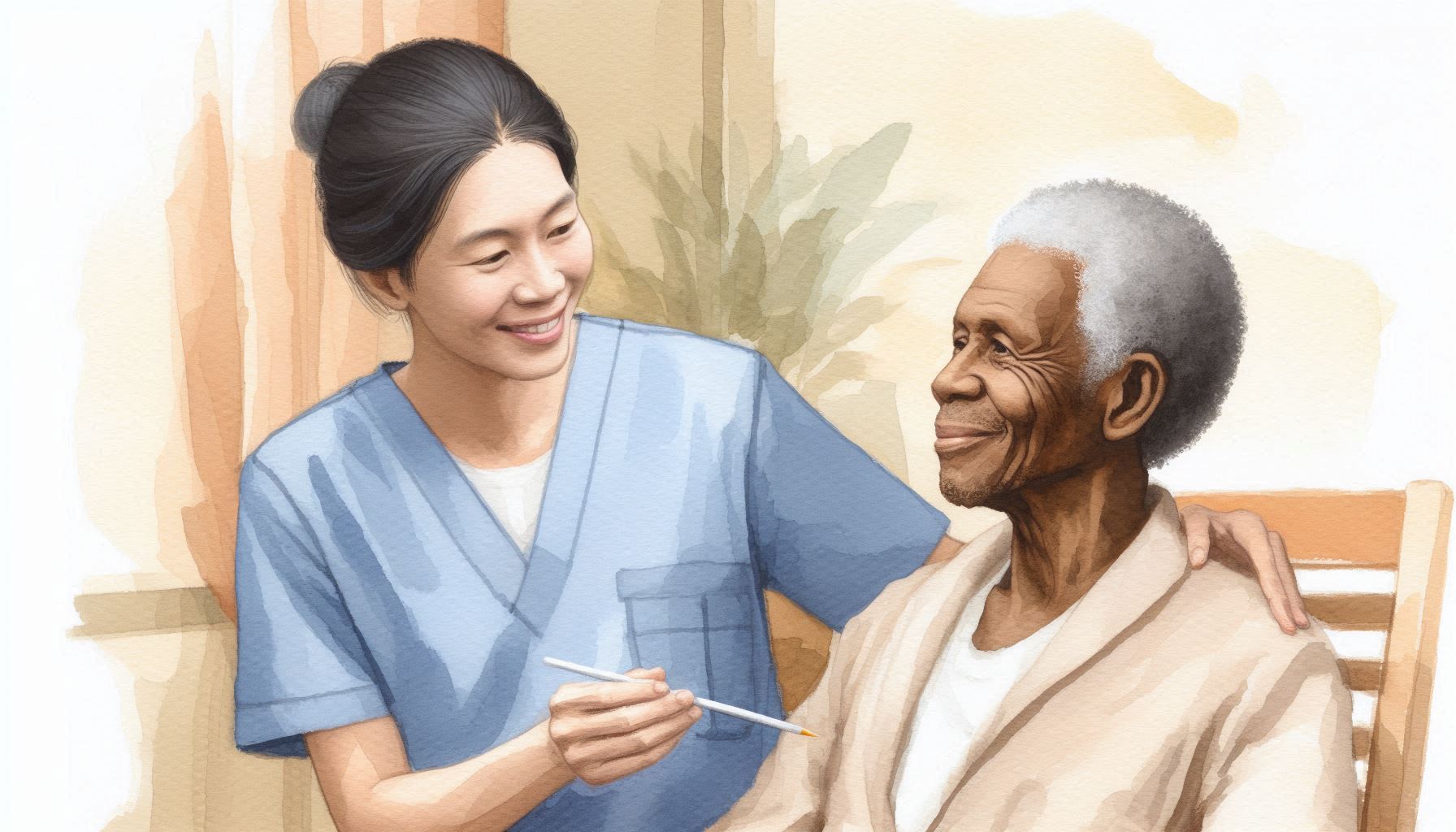 Filipina (Philippines) healthcare caregiver and senior patient.