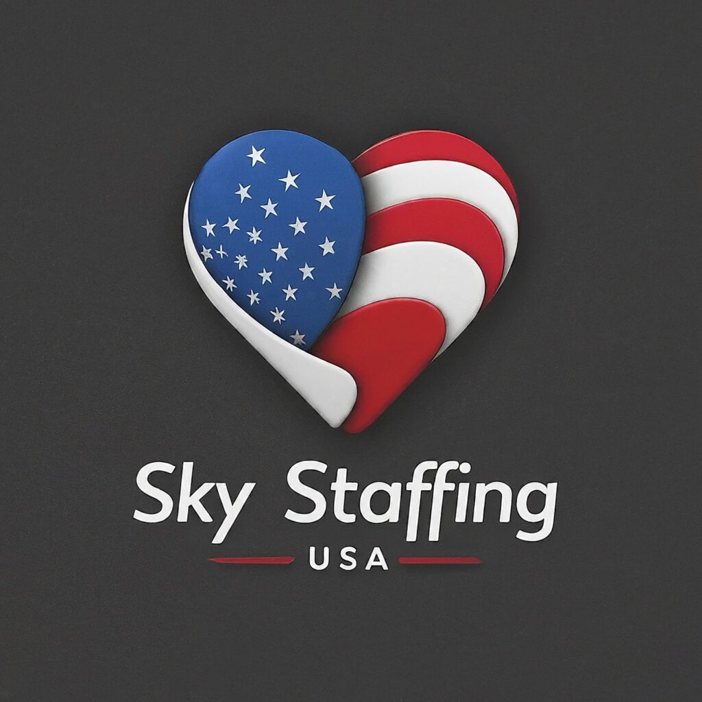 This image displays the Sky Staffing USA logo, which incorporates elemU.S.ts representing care and the colors of the U.S. flag.