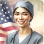 A close-up portrait of a smiling Filipino nurse wearing scrubs, with the American and Philippine flags subtly in the background. The nurse's expression should convey confidence, ambition, and a sense of accomplishment.